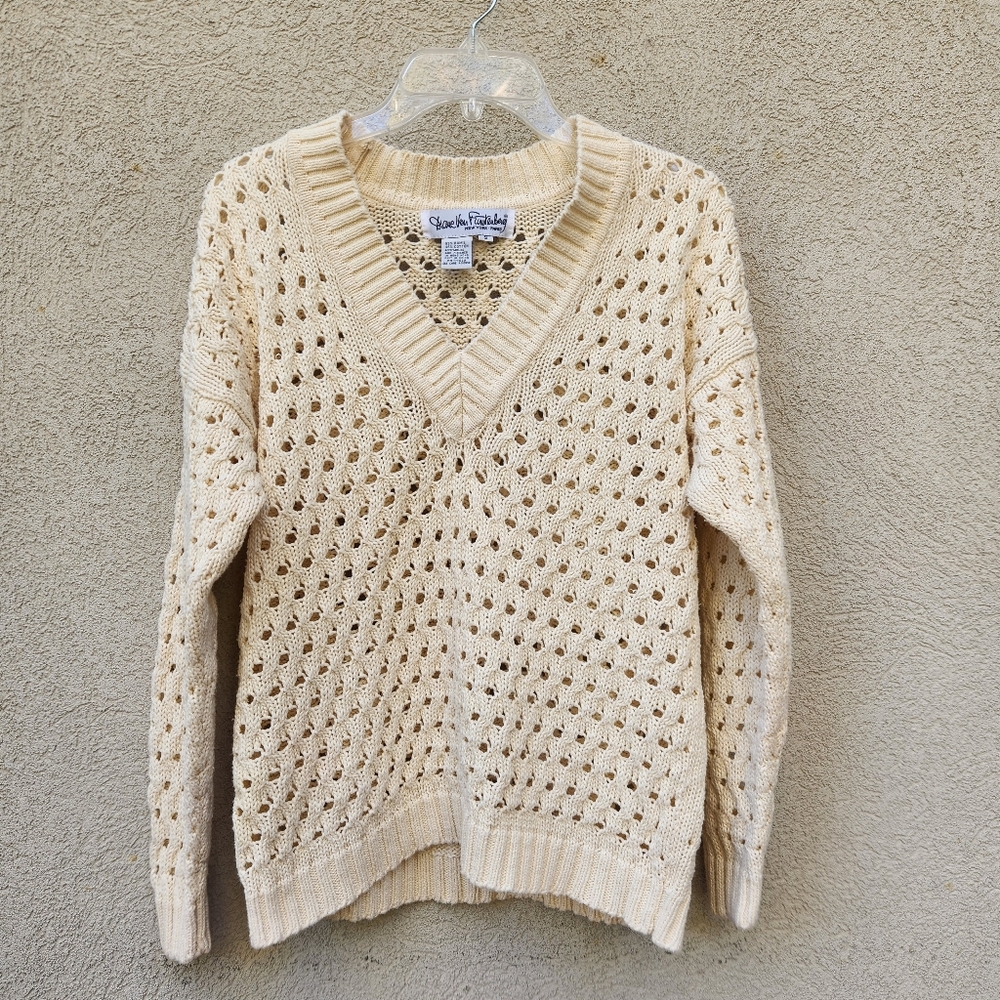 Vintage DIANE VON FURSTENBERG Women's Sweater Small Cream Open Knit Cotton